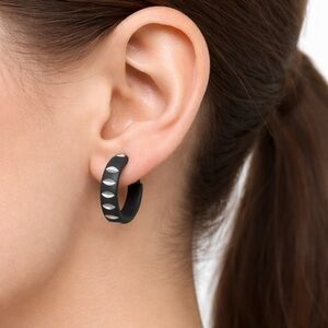 Black & Silver Groove Cutout Hoop Earrings
